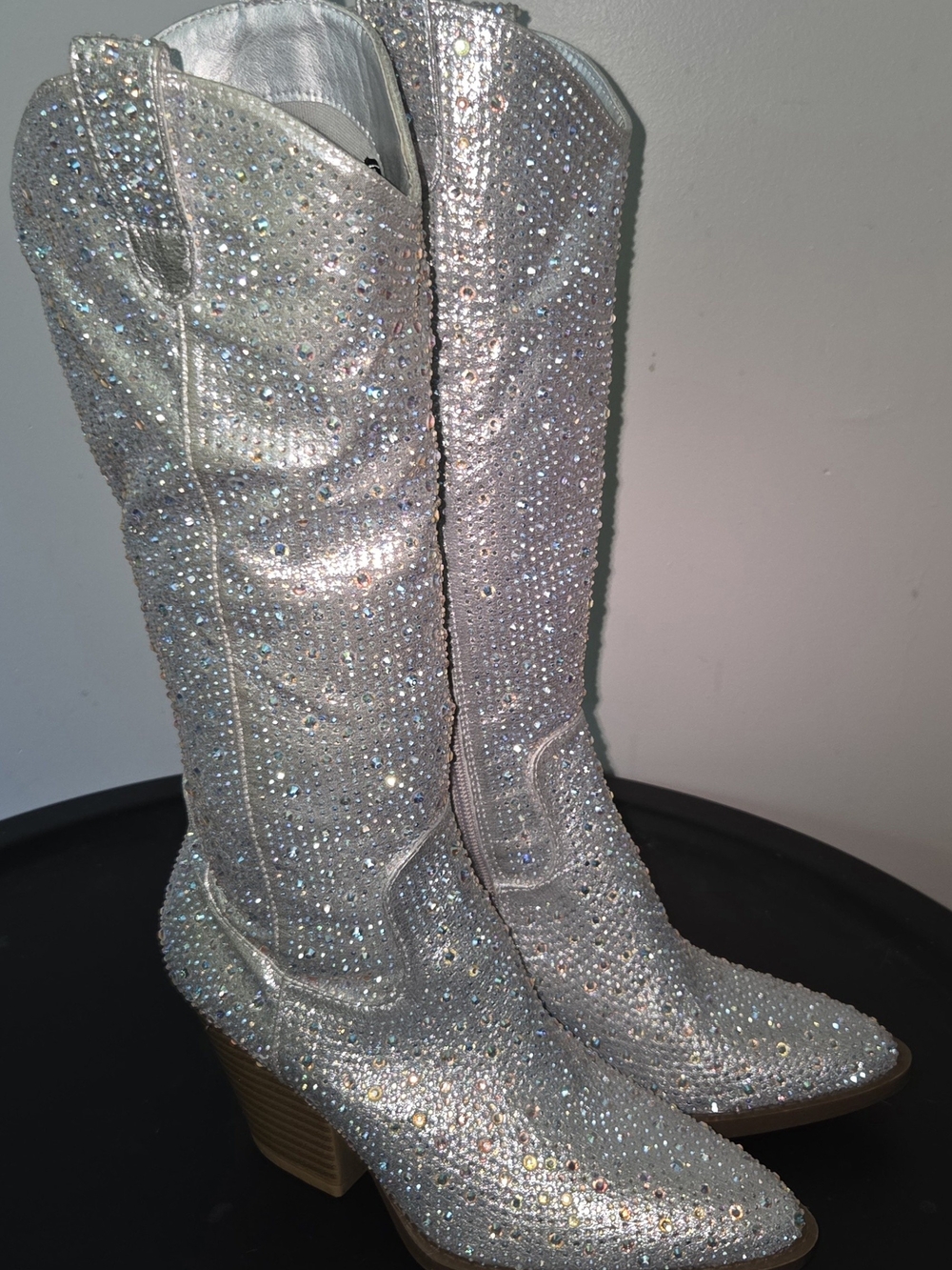 Crystal-Embellished Silver Knee High Boots